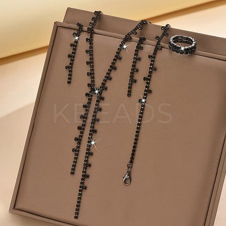 Alloy Rhinestone Tassel Pendant Necklace & Stud Earring & Ring FS-WG7E587-01-1