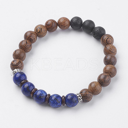 Natural Lava Rock & Wenge Wood Beads & Coconut Stretch Bracelets BJEW-I241-03J-1