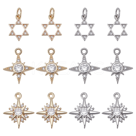 12Pcs 6 Style Brass Micro Pave Clear Cubic Zirconia Charms ZIRC-DC0001-02-1