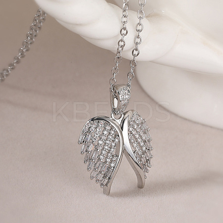 Brass Micro Pave Clear Cubic Zirconia Angel Wings Pendant Necklaces LS-NJEW-Z088-02P-1
