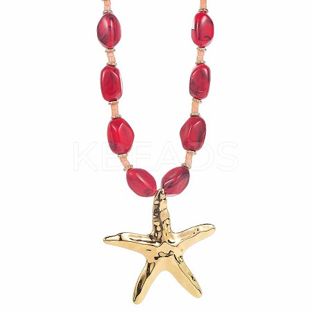 Ocean Alloy Starfish Pendant Resin Nuggets Beaded Necklaces for Women WG3D01A-02-1