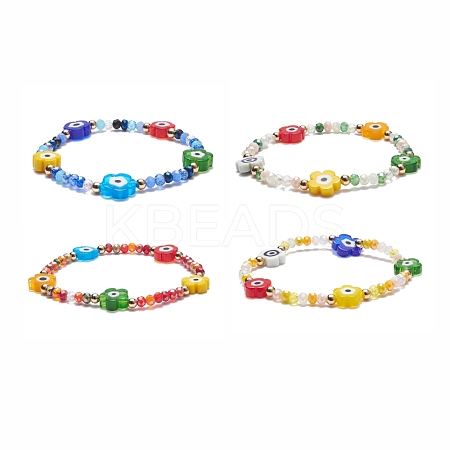 Flower Glass & Brass Beaded Stretch Bracelet for Women BJEW-JB08075-1