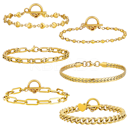 6Pcs 6 Styles Stainless Steel Chain Bracelets Kits BJEW-PH0004-47-1