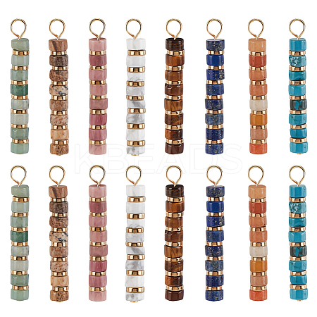16Pcs 8 Styles Natural Mixed Gemstone & Electroplated Synthetic Non-magnetic Hematite Heishi Beaded Pendants PALLOY-GA00027-1