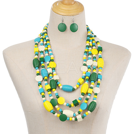 Bohemian Style Wood Barrel & Cube & Flat Round Beaded Multilayer Necklaces & Dangle Earrings Sets FS-WG5D833-02-1
