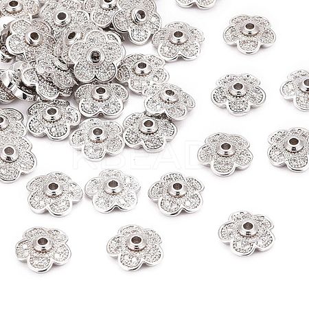 5-Petal Brass Micro Pave Clear Cubic Zirconia Bead Caps X-ZIRC-P001-31P-1