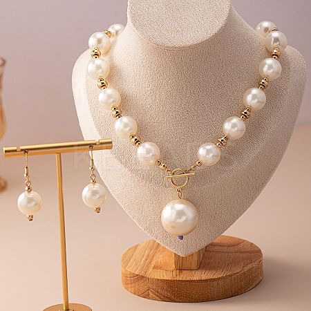 Plastic Imitation Pearl Round Beaded Pendant Necklaces & Dangle Earrings Sets for Women WGE733F-03-1