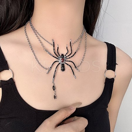Alloy Jet Rhinestone Halloween Spider Pendant 3 Layer Choker Necklaces for Women NJEW-P336-01P-1