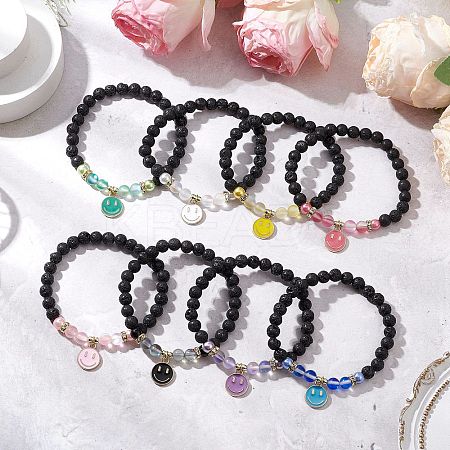 8Pcs 8 Colors Natural Lava Rock & Synthetic Moonstone Beads Stretch Bracelets BJEW-JB11566-1