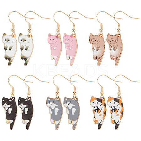 ANATTASOUL 6 Pairs 6 Colors Cat Theme Enamel Dangle Earrings EJEW-AN0001-15-1