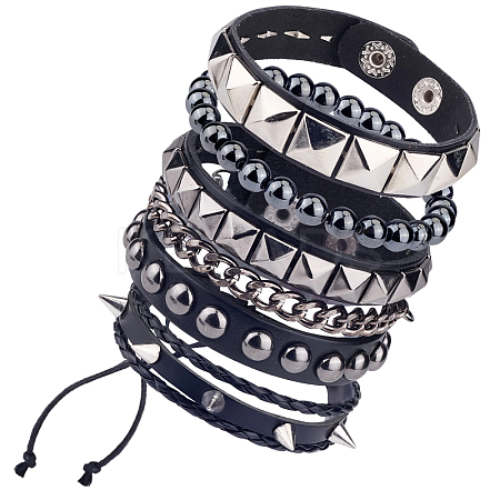 4Pcs 4 Styles Punk Style Hematite Round Beaded Stretch Bracelets & Rivets Bracelets  with Alloy Braided Bead Bracelets & Imitation Leather Bangles for Men Women BJEW-WH20002-09B-1