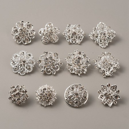 12Pcs 12 Style Rhinestone Flower Safety Pin Brooch JEWB-WH0029-25S-1
