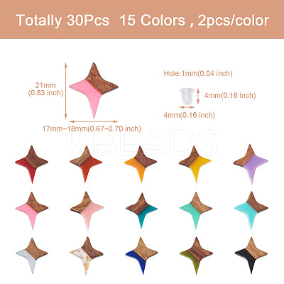 30Pcs 15 Colors Walnut Wood Star Stud Earrings EJEW-FW0001-02-1