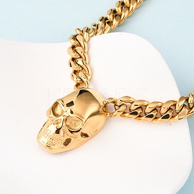 304 Stainless Steel Skull Pendant Cuban Link Chain Necklaces NJEW-C099-06G-1