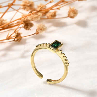 Rectangle Brass Glass Cuff Rings for Women RJEW-G340-01G-1