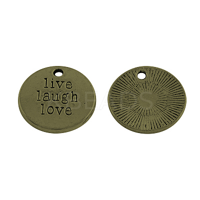 Tibetan Style Alloy Flat Round Carved Word Live Laugh Love Message Pendants TIBEP-12582-AB-NR-1