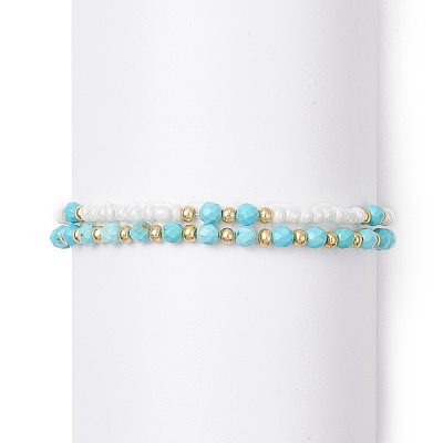 2Pcs 2 Style Natural Howlite & Glass Seed Round Beaded Stretch Bracelets Set for Women BJEW-JB09332-1