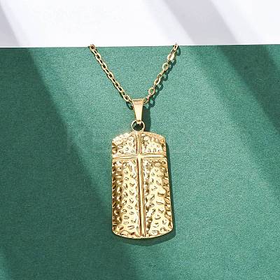 Texture Rectangle with Cross 304 Stainless Steel Pendant Necklaces NJEW-H059-12G-1