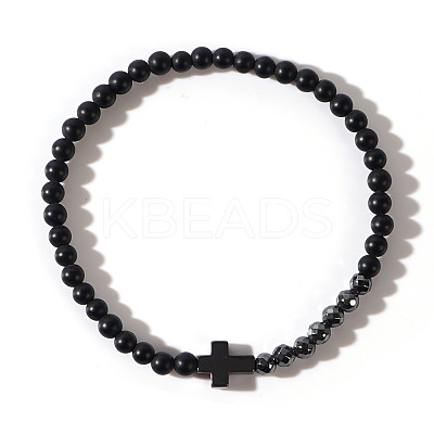 Synthetic Non-magnetic Hematite Cross & Black Stone Round Beaded Stretch Bracelets for Men ZI4844-1