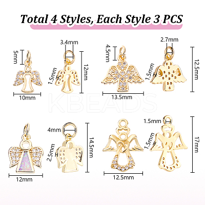 12Pcs 4 Styles Brass Micro Pave Cubic Zirconia Charms KK-GA0001-73G-1