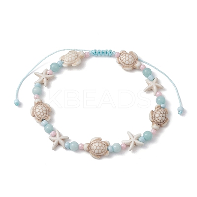 Starfish & Turtle Natural Malaysia Jade & Synthetic Turquoise Braided Beaded Anklet AJEW-AN00563-1