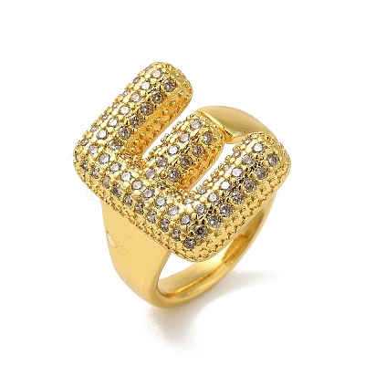 Letter Brass Micro Pave Clear Cubic Zirconia Open Cuff Ring for Women RJEW-N046-03E-G-1