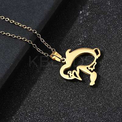 304 Stainless Steel Laser Cut Penguin with Fish Pendant Necklaces for Women Men NJEW-Q032-01B-G-1