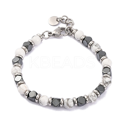 Natural Howlite & Synthetic Hematite Round Beaded Bracelet BJEW-P339-02P-06-1