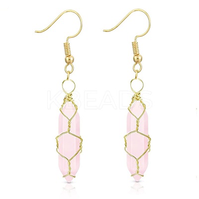 Rose Quartzl Hexagon Handmade Copper Wire Wrapped Earrings Natural Stone Column Earrings ND6138-2-1