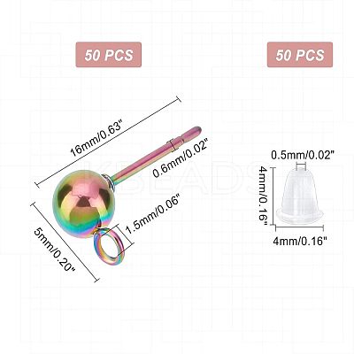 50Pcs Rainbow Color Stainless Steel Stud Earring Findings STAS-UN0037-07A-1
