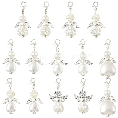 14Pcs 7 Styles ABS Plastic Imitation Pearl & Alloy Pendant Decorations HJEW-FS00042-01-1