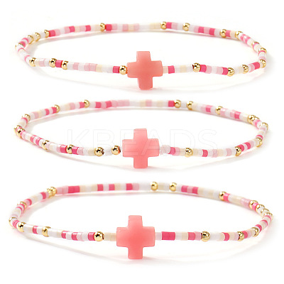 3Pcs Bohemian Cross Charm Glass Seed Bead & Brass Beads Stretch Bracelet for Women SA4132-1-1