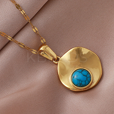 Vintage Style 304 Stainless Steel and Synthetic Turquoise Textured Disc Pendant Necklaces for Women JC9668-1