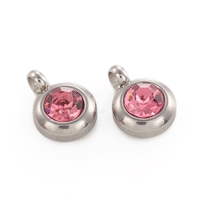 Trendy Original Color 304 Stainless Steel Faceted Grade A Rhinestone Flat Round Charms Pendants RB-N030-01F-1