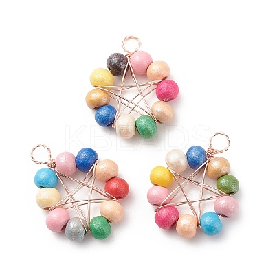 Natural Wood Round Beads Pendants PALLOY-JF01763-03-1