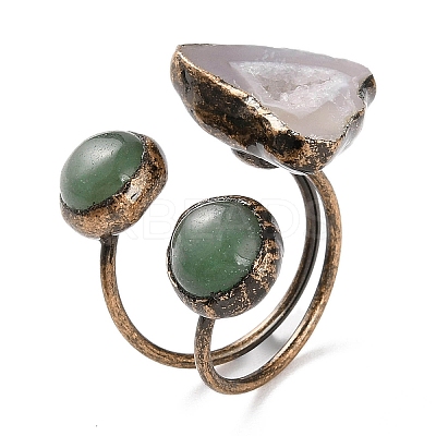 Nuggets Natural Druzy Agate & Green Aventurine Open Cuff Rings RJEW-A041-02R-1