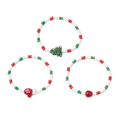 3Pcs 3 Styles Christmas Glass Seed & Handmade Lampwork Beads Stretch Bracelets for Women BJEW-MZ00197-1