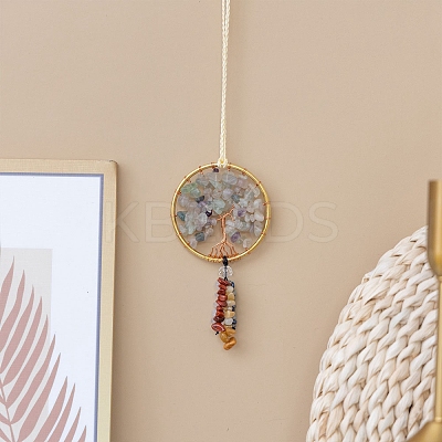 Flat Round with Tree of Life Natural Fluorite Chips Pendant Decorations TREE-PW0003-18-1