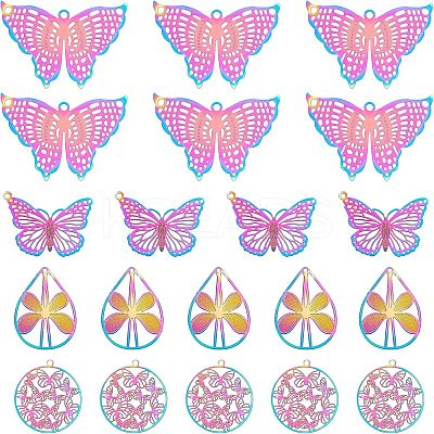 32Pcs 4 Style Ion Plating(IP) 201 Stainless Steel Filigree Pendants STAS-NB0001-20-1