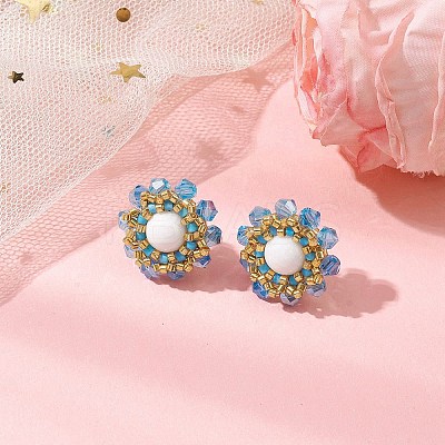 Flower Glass Seed Beaded with Natural Mashan Jade Stud Earrings for Women EJEW-MZ00208-01-1