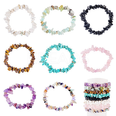 8Pcs Natural & Synthetic Gemstone Chips Stretch Bracelets for Women Men BJEW-TAC0037-1