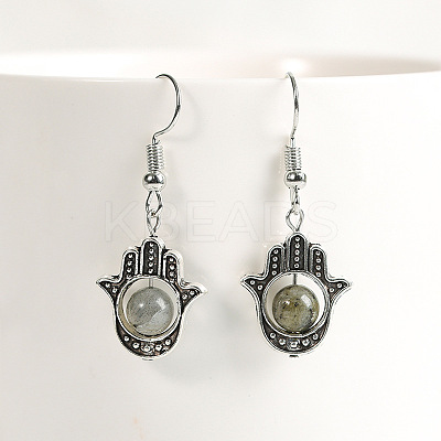 Natural Crystal Stone Hamsa Hand & Round Dangle Earrings UB8598-7-1