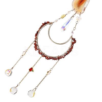 Moon Metal & Natural Red Jasper Chip Pendant Decorations AJEW-Q143-08-1