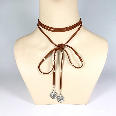 Flat Round Alloy with Suede Cord Lariat Necklaces FS-WG2B7B2-02-1