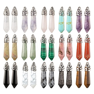 15Pcs 15 Style Natural & Synthetic Gemstone Pointed Pendants G-LS0001-75-1