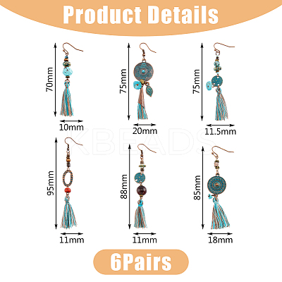 6 Pairs 6 Styles Ethnic Polyester Tassel Dangle Earrings EJEW-FI0003-03-1
