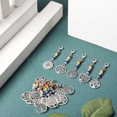 20Pcs 5 Styles Alloy Heart/Flat Round with Tree of Life Pendant Decorations HJEW-TA0001-22-1
