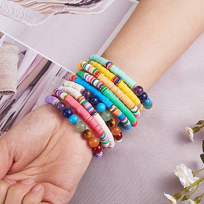 Round Natural & Synthetic Stone Beads Stretch Bracelets Set BJEW-SW00014-1