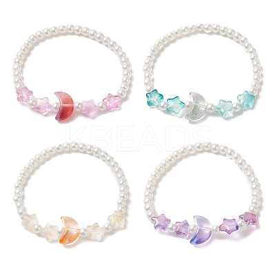 Star & Moon & Imitation Pearl Glass Beaded Stretch Bracelet for Kid BJEW-JB09265-1