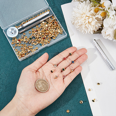 90Pcs Round Brass Semi-Tublar Rivets with Rhinestone DIY-NB0010-29-1